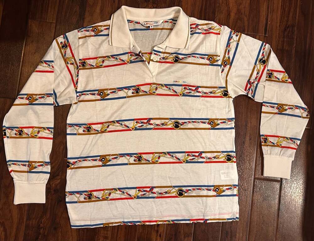 Vintage Leonard Sport Nautical Print Long Sleeve Polo Shirt Size M, EUC